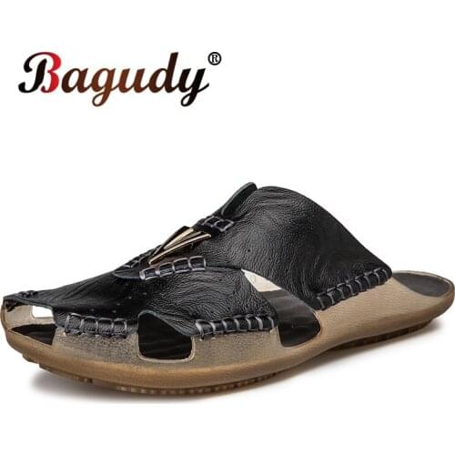 Genuine Leather Men Fashion Slippers High Quality Breathable Leather Sandals Men Flat Slippers Comfortable Causal Shoes Big Size