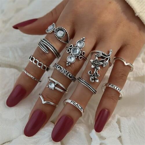 Pack of 13 Personality Vintage Knuckle Rings With Carved Leaves/ Crescent Moon / Palm and Flower Design