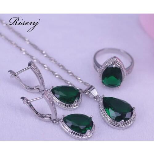 Big Water Drop Square Green Stone Silver 925 Jewelry For Women Ring Necklace Earring Set Russian Hot Sale Style