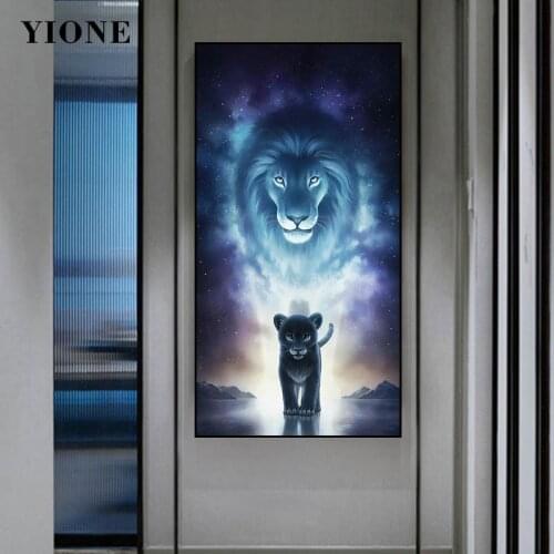 Blue Starry Sky Lion Wall Art Canvas Painting Custom Abstract Strong Animal Dream Poster Prints Picture for Living Room Decor