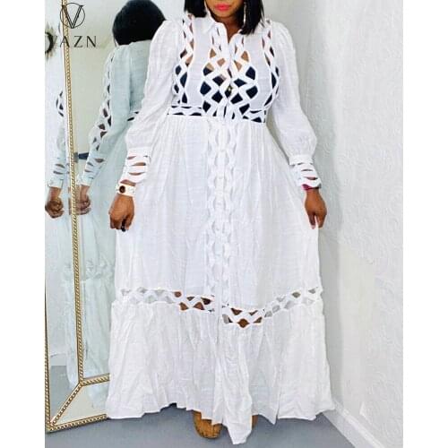 VAZN 2021 INS Hole Out Solid Full Sleeve Night Party Formal Age reduction Sexy Young Open Women High Waist Maxi Thin Dress
