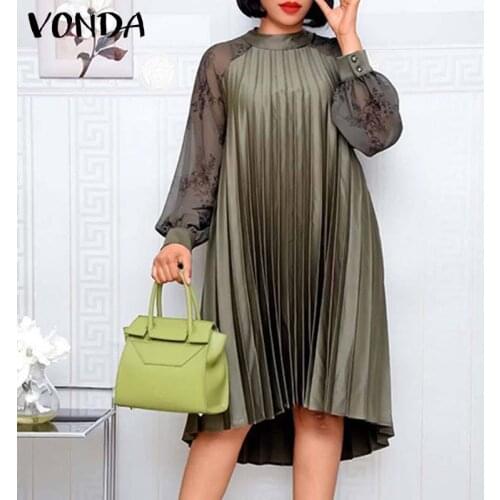 Autumn Dress 2021 VONDA Women Vintage Printed Casual Patchwork Sundress Bohemian Vestidos Oversized Party Robe Femme Dresses
