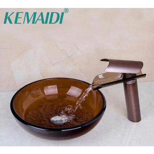 KEMAIDI Hand Paint Bowl Sinks / Vessel Basins Tempered Glass Sink With Waterfall Faucet Taps,Water Drain Bathroom Sink Set
