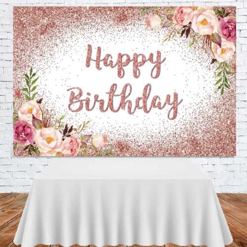 Rose Gold Glitter Happy Birthday Backdrop Floral Flowers Dots Adult Girl Birthday Party Background Decoration Custom Photography