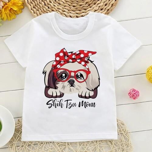 Shih Tzu Mom Print T-shirt Kids Bandana Harajuku Fashion T Shirt Funny Cartoon White Loose Clothes Baby Short Sleeve Tops,YKP197