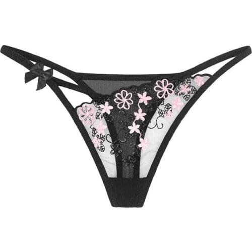Women Sexy Costumes Flower Embroidery Lace Transparent Erotic Lingerie G String Sex Panties Underwear Thong Crotchless