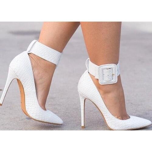 New Snake Leather Ankle Buckle Gladiator Ladies Pumps Sexy Pointed Toe Thin Heels Shoes Women Dress Shoes Office Shoes