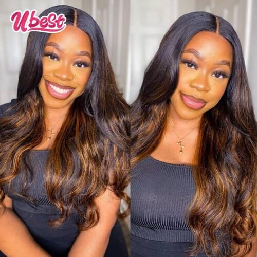 Ubest Tendency Balayage Blonde Body Wave Human Hair Lace Frontal Wigs for Women Peruvian Virgin 180% Pre Plucked Lace Front Wig