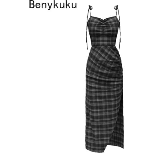 Punk Gothic Women Summer Black Plaid Sexy Dress Deep V-neck Party Club Wear Dark Halter Elegant High Waist Split Midi Dresses
