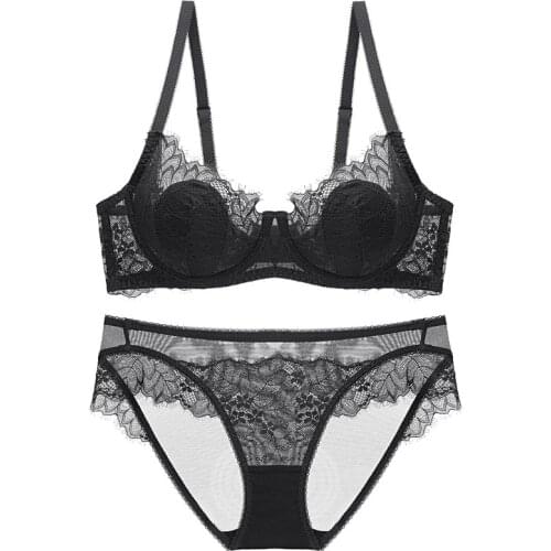 YSANSCA Sexy lace thin cotton lingerie bra set with cotton cushion inserts gathers a large bra