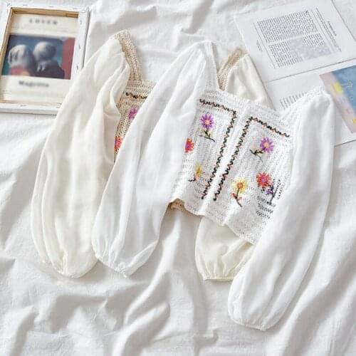 Women Blouse Sweet Hollow Out Embrodiered Blouse Women Casual Square Collar Single Breasted Long Sleeve Short Shirts Tops