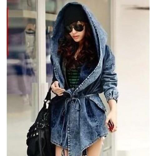 2020 Women Loose denim jacket Cloak Elastic waist Belt hooded Jeans Overcoat female Casual long Coat Street Outwear Plus Size