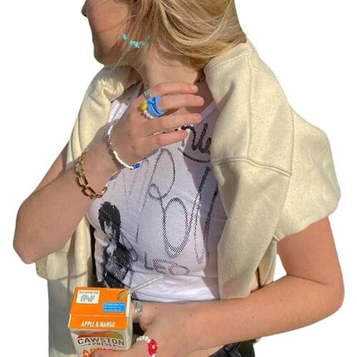 Women Summer Tank Tops Adults Casual Letter Human Figure Print Round Neck Pullover