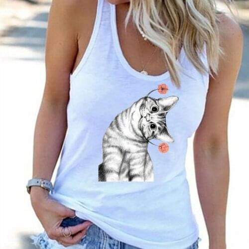 Summer Cotton Womens Top Round Collar Sleeveless Pullover Slim Cat Print Fashion Casual Top