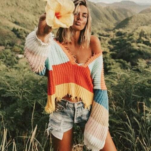 Sexy Rainbow Color Striped Pullovers Women Fringed Deep V-neck Sweater Jumper Crop Autumn Knit Shirts Long Lantern Sleeved Tops