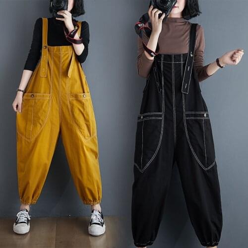 #2301 Yellow Black Pencil Harem Overalls For Women Loose Big Pockets Jumpsuits Female Casual Rompers Womens Jumpsuit Spring 2021
