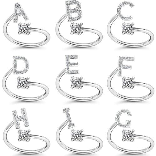 VIP Trendy Simple Rhinestone 26 English Letter Open Rings for Women Adjustable Jewelry Wild Fashion Ring Elegant Accessories
