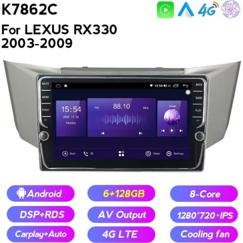 6+128G Android 11 1280*720 IPS Screen Car Player GPS Navigation For Lexus RX330 RX350 RX400H Toyota Harrier 2003-2009 Head Unit