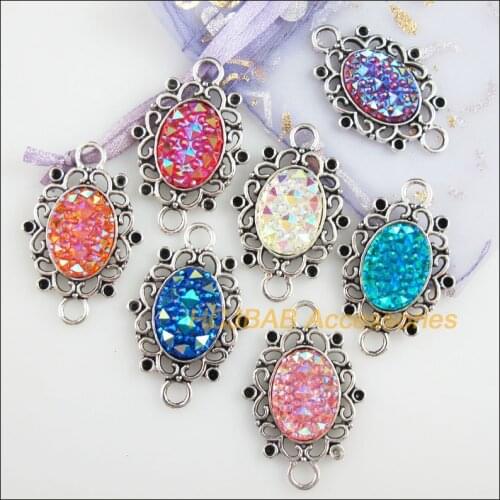 7 New Flower Charms Tibetan Silver Tone Retro Mixed Round Resin Connectors 25x38mm