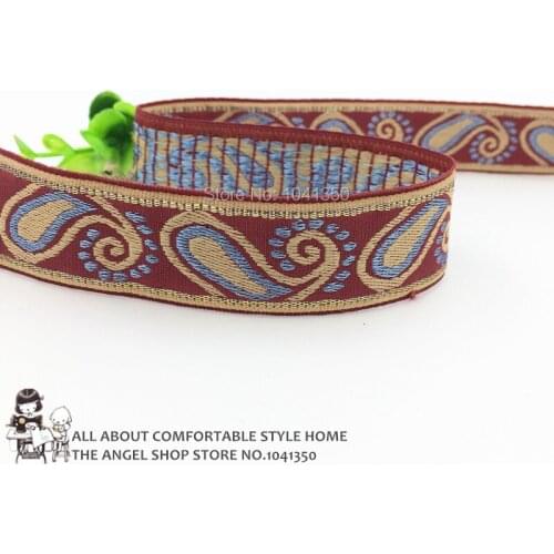 Free Shipping Wholesale 1'' (32mmx10yards) Polyester Red Woven Jacquard Ribbon Blue Geometric Pattern With Gold Thread