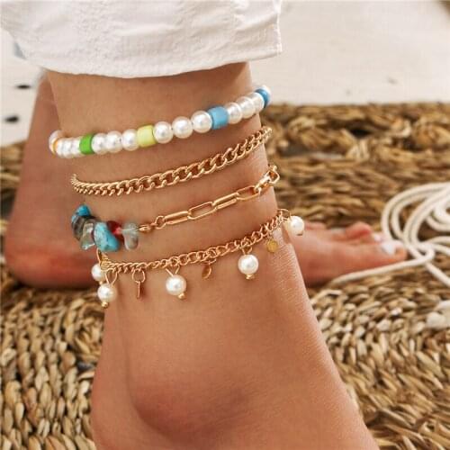 4Pcs/Set Sweet Cute Anklet Pearl Natural Stone Anklets Set Fashion Bohemian Gem Gold Chain Anklet Bracelets Jewelry Gift