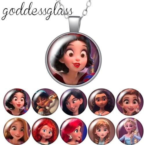 Disney Princesses Snow white Elsa Belle Alice Round Glass glass cabochon silver plated/Crystal pendant necklace jewelry Gift