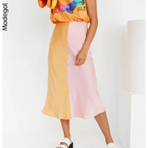 Modegal Womens Patchwork Midi Skirts Color Contrast Zipper Side Below Knee Skirt Casual Elegant Bottom