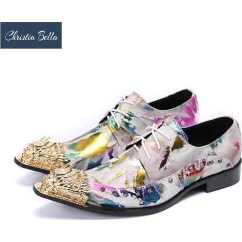 Christia Bella British Multicolor Print White Real Leather Men Brogue Shoes Wedding Prom Lace Up Dress Shoes Formal Oxford Shoes