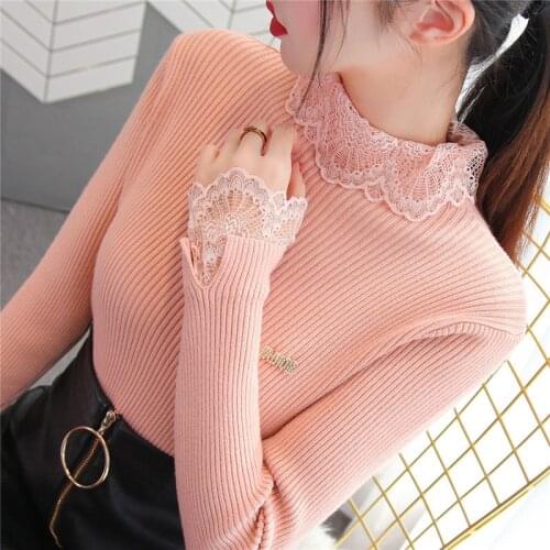 New Autumn Winter Women Sweater Turtleneck Lace Pullover Solid Jumper Long Sleeve Female Knitted Sweaters Tops Pull Femme P235
