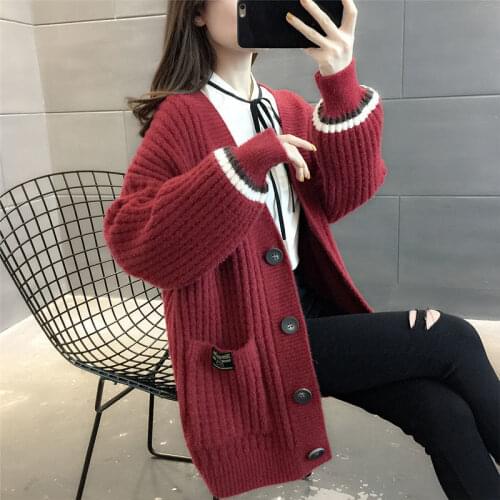 Autumn and winter fashion knitted cardigan womens 2021 new loose western style lantern long-sleeved v-neck sweater jacket