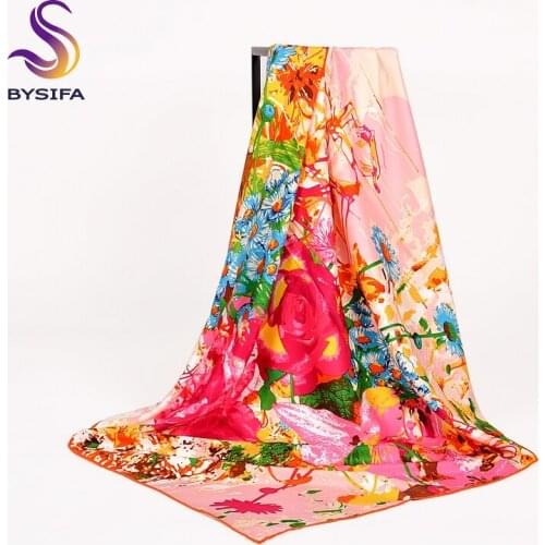 [BYSIFA] Autumn Twill Square Scarves Wraps Bufandas Women Floral Silk Scarf Shawl Hijab Winter Brand Muslim Head Scarf Cachecol