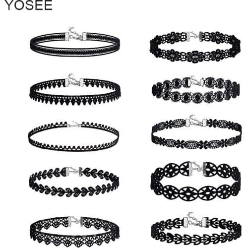YOSEE Necklaces Set 10 Pcs/pack Choker Necklace Black Lace Leather Velvet strip woman Collar Party Jewelry chokers
