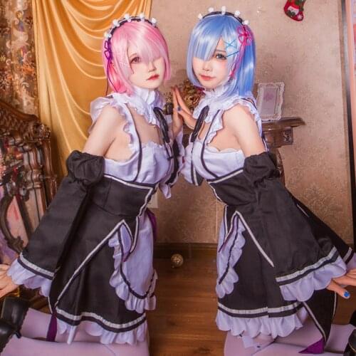 Anime Re:Zero Rem Ram Lolita Maid Dress Cosplay Costume with Headband Black for Woman