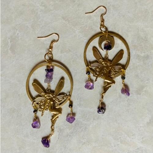 Fairy Amethyst Earrings Boho Earrings Sun Moon Earrings Witchy Gypsy Earring