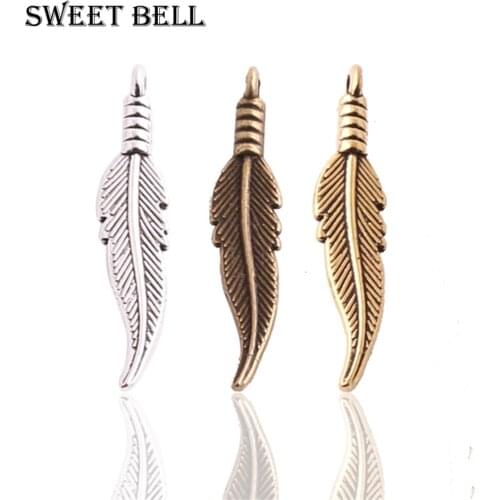 Sweet Bell 80 pcs 7*32mm two color Zinc Alloy Feathers Charms Diy Jewelry Findings Jewelry Accessories wholesale 2D248