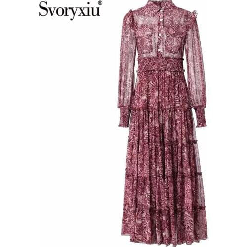 Svoryxiu Designer Summer Vintage Serpentine Print Long Dress Womens Elastic Waist Ruffles Long Sleeve Maxi Dresses Vestdios