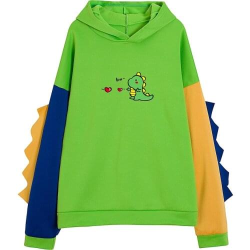 Harajuku Autumn New Kpop Retro Patchwork Hoodies Cute Dinosaur Long Sleeve Fashion Casual Sports Shirt Lady Clothing Sweatshirts