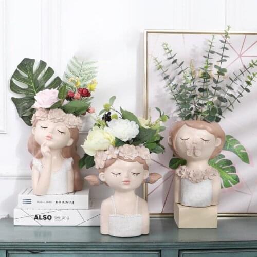 Vase Home Decoration Resin Vase Room Decoration Succulents Flower Pot Cute Girl Sculpture Statue Desktop Crafts Furnishings