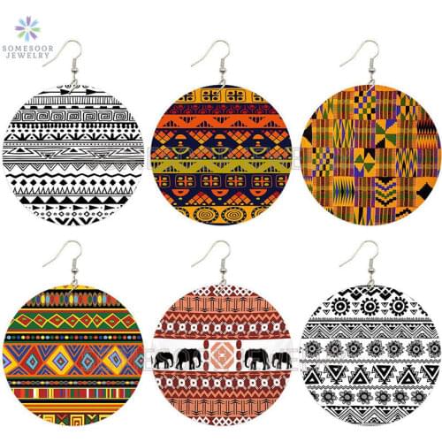 SOMESOOR Vinatge African Ethnic Prints Wooden Drop Earrings Both Sides Painted Black Art Wood Dangle Pandent For Women Gifts