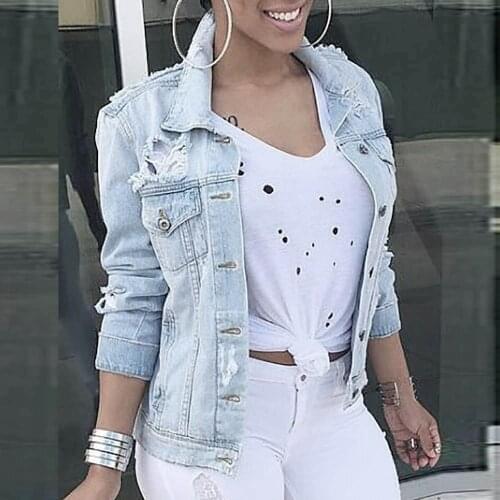 Women Denim Jacket 2021 Autumn Winter Coat With Pocket Vintage Button Down Distressed Short Jacket L-4xL Ladies Denim Coats