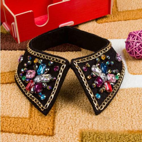 Women Lady Removable Rhinestone Fake Embellished Collar False Blouse Bib Black