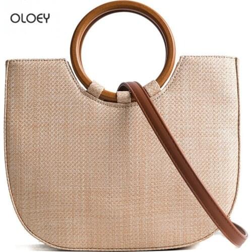 OLOEY Womens straw woven bag shell ring handbag woven bag shoulder bag messenger bag
