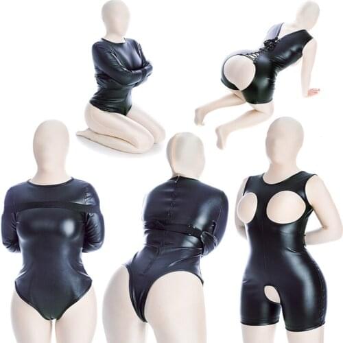 Womens Sexy Leather Open Breast Crotchless Bodysuit Arm Binder BDSM Slave Sex Bondage Clubwear Erotic Lingerie Harness Sex Toys