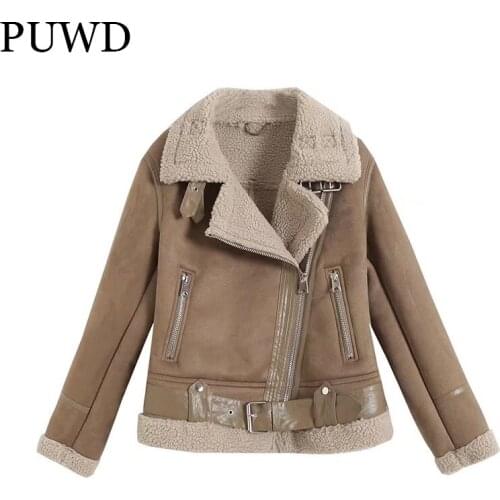PUWD Loose Women Faux Fur Leather Fur One Coat 2021 Winter Motorcycle Cool Streetwear Retro Lapel Warm Chic Female Thick Outwear
