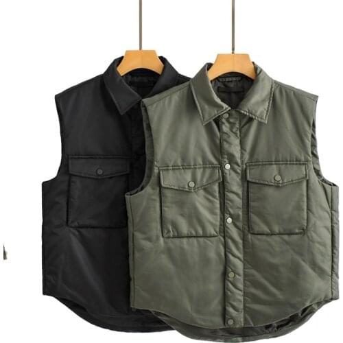 ZXQJ Women 2021 Fashion Asymmetrical Padded Cropped Cotton Vest Coat Vintage Sleeveless Pockets Female Waistcoat Chic Tops