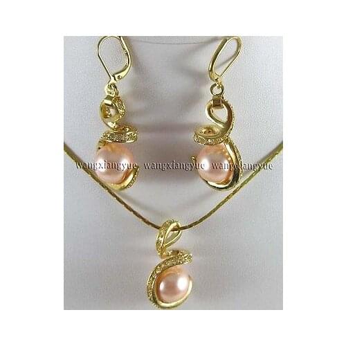 12mm Pink South sea Shell Pearl Earrings & Necklace Pendant Set watch wholesale Quartz jade CZ crysta