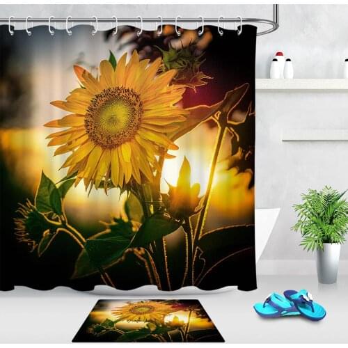 2pcs Sunflower Daisy Flower Pattern Shower Curtains Waterproof Spring Plant Polyester Fabric Bathroom Curtains Set With Doormat