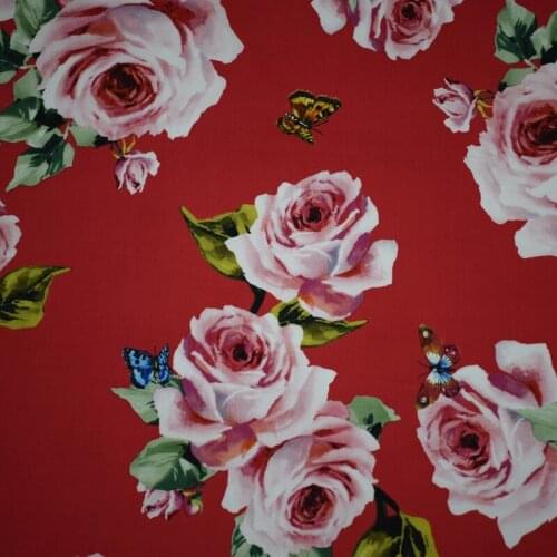 2018 reactive dyeing red bottom roses butterflies baby cotton fabric for summer dress telas por metros tissu au metre vestidos