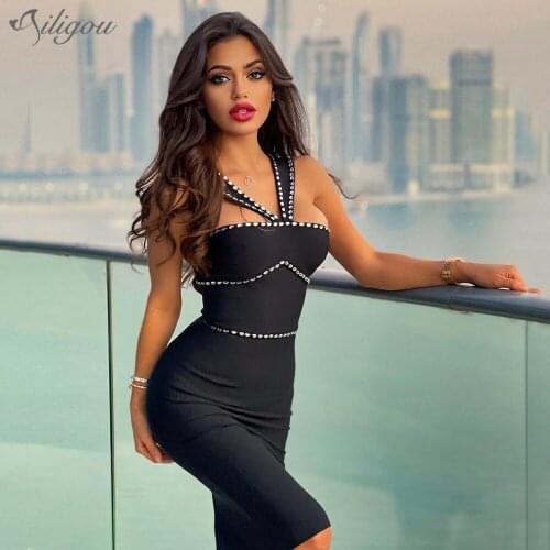 Ailigou 2021 Summer Ladies Midi Dress Sexy Bandage Tight Dress Beaded New Arrival Club Celebrity Party Dress Vestidos