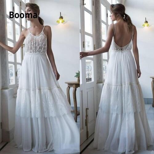 Booma Spaghetti Strap Lace with Chiffon Boho Wedding Dress 2020 Sexy Backless Beading Country Bridal Gowns Vintage Party Dresses